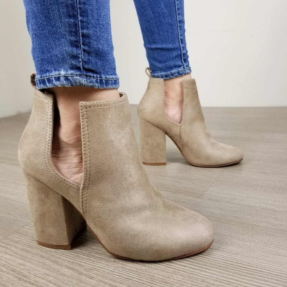 Vegan Suede Tan Cute Ankle Boots W/ Open Sides - Picture 6 of 8